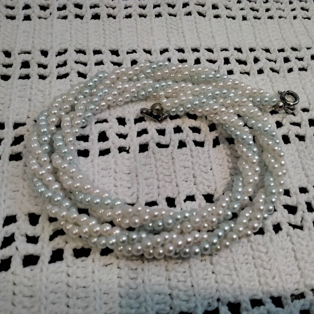Pastel Faux Pearl Choker Necklace - 3 Strand Twisted Tiny Beads - 17" Long